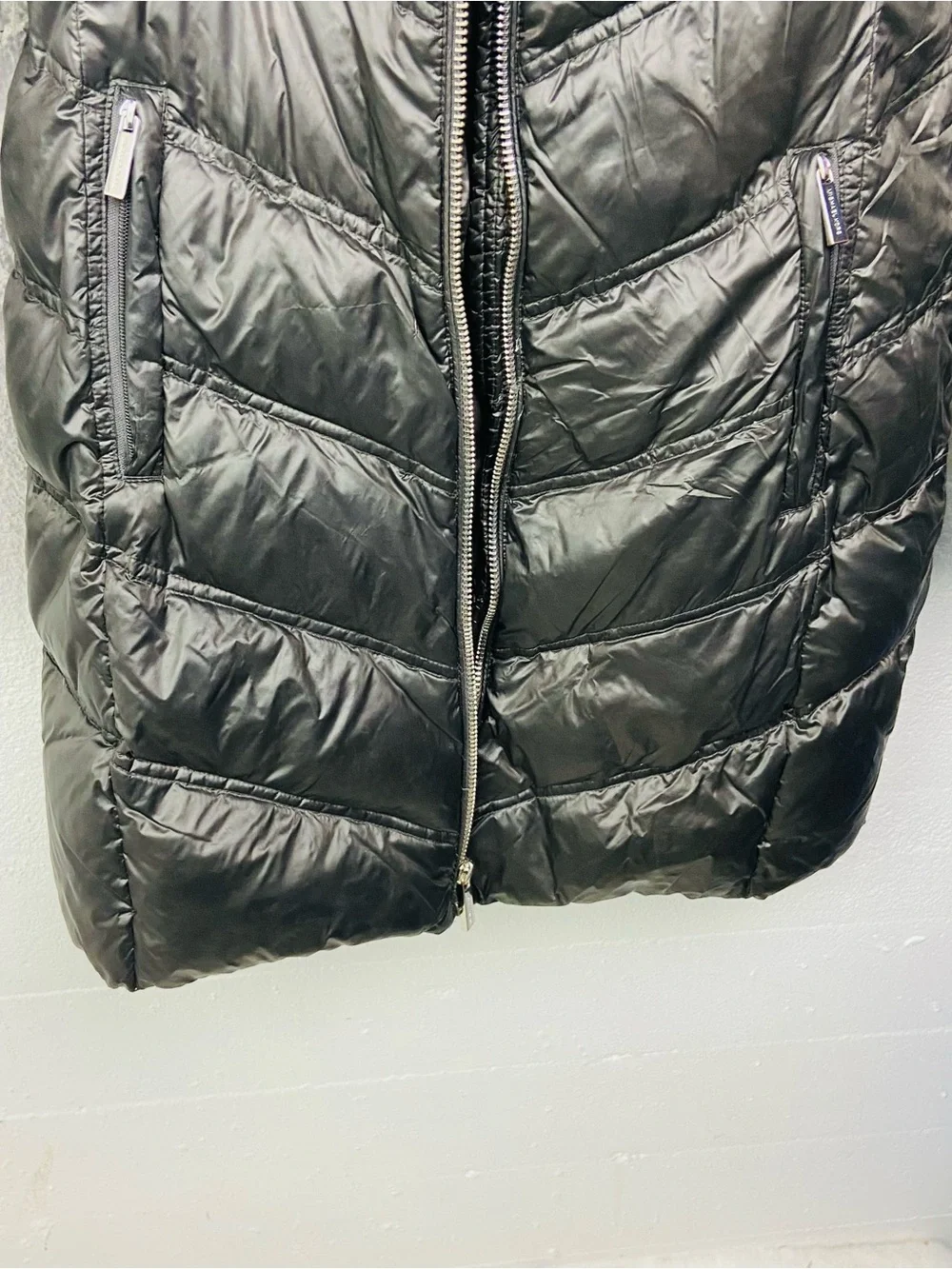 Michael Kors Black Quilted Long Puffer Coat with Faux Fur Hood size Medium